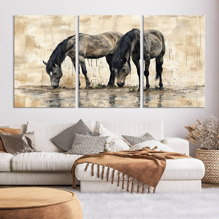 Chines Ink Style Black Horses Wall Art Canvas Print