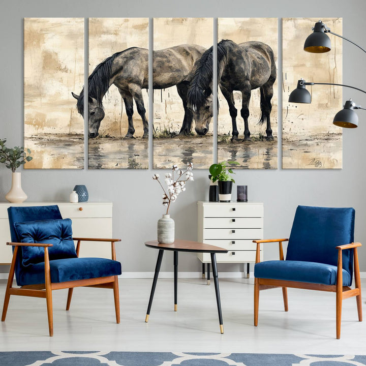 Chines Ink Style Black Horses Wall Art Canvas Print