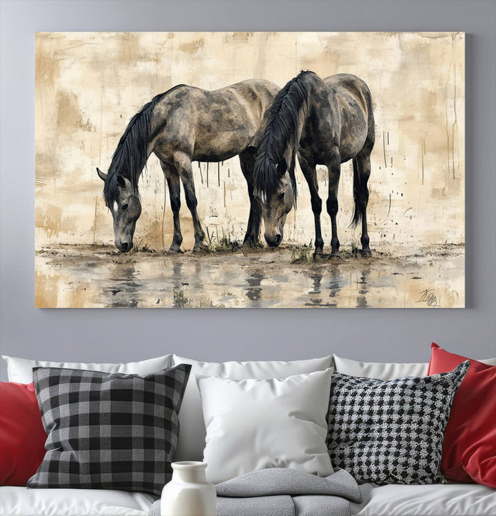 Chines Ink Style Black Horses Wall Art Canvas Print