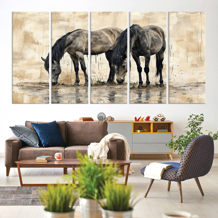 Chines Ink Style Black Horses Wall Art Canvas Print