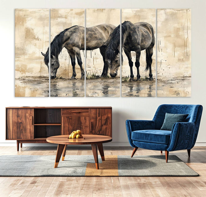 Chines Ink Style Black Horses Wall Art Canvas Print