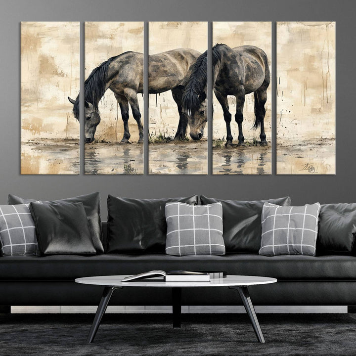 Chines Ink Style Black Horses Wall Art Canvas Print