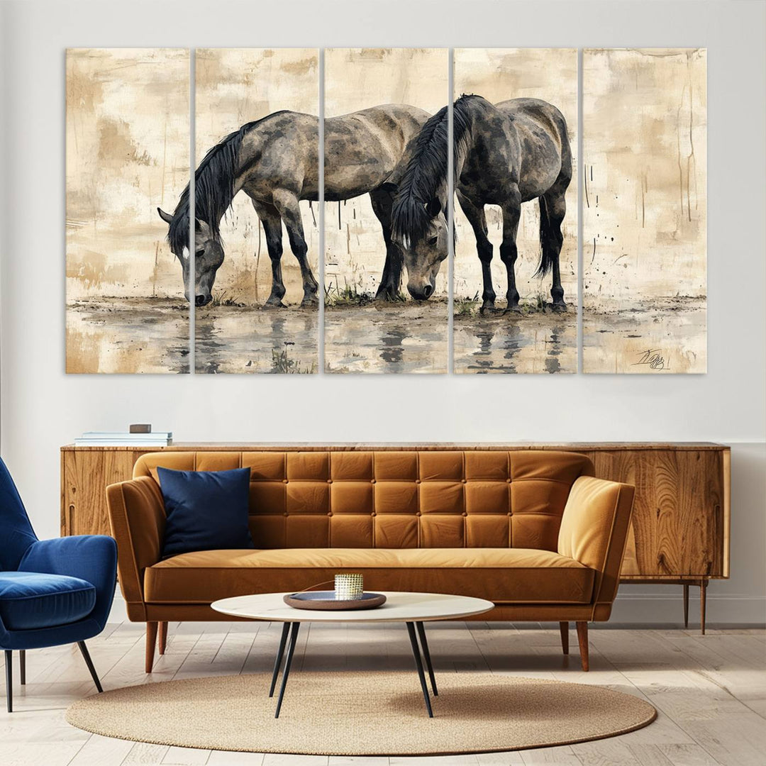 Chines Ink Style Black Horses Wall Art Canvas Print