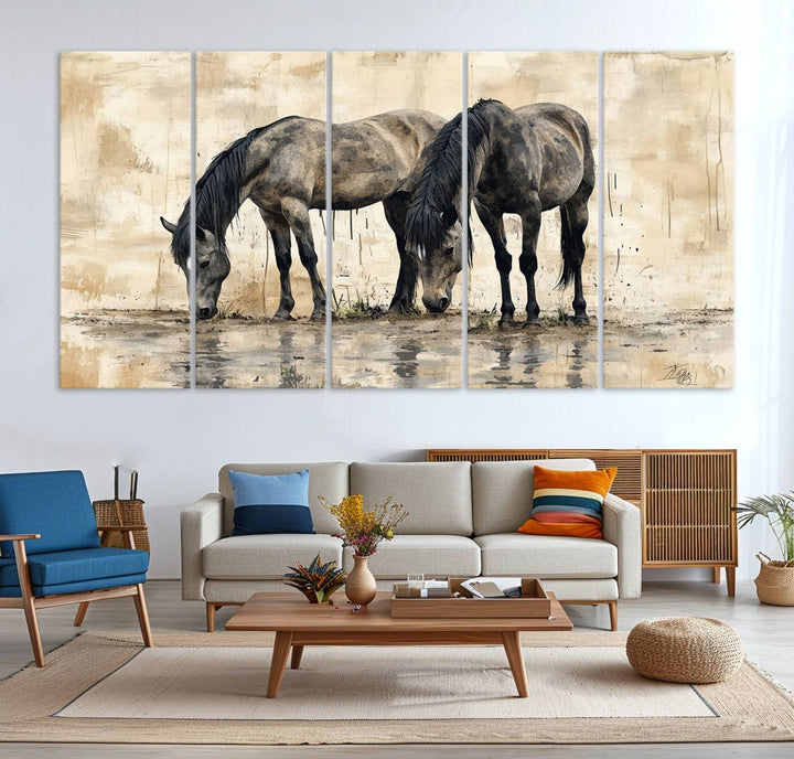 Chines Ink Style Black Horses Wall Art Canvas Print