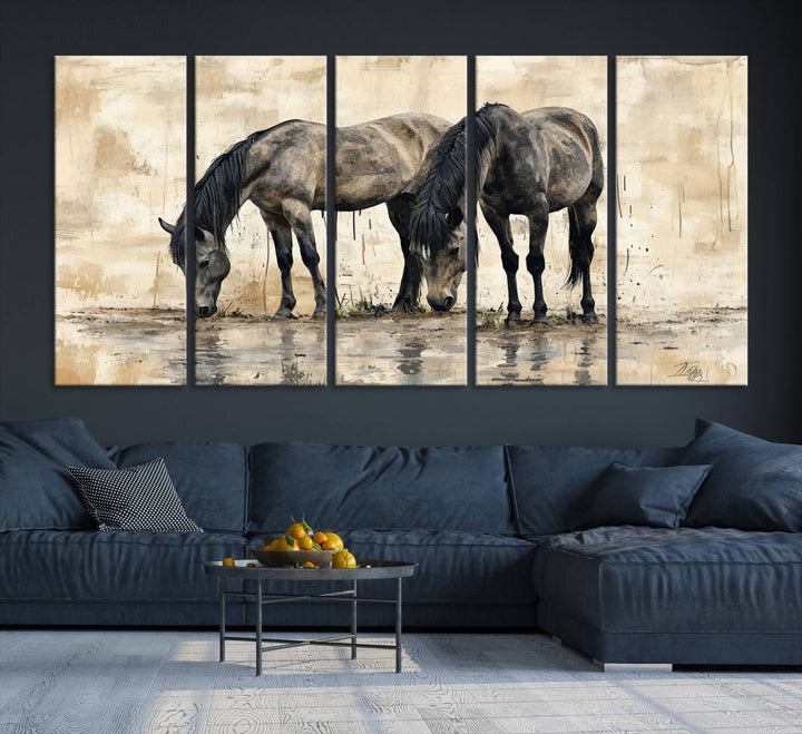 Chines Ink Style Black Horses Wall Art Canvas Print