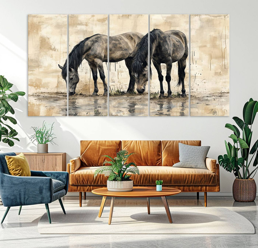 Chines Ink Style Black Horses Wall Art Canvas Print