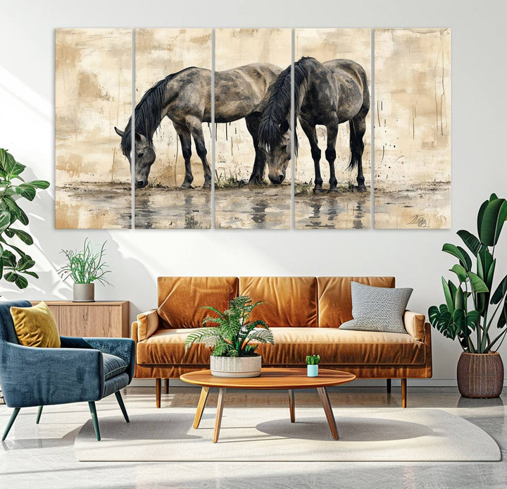 Chines Ink Style Black Horses Wall Art Canvas Print