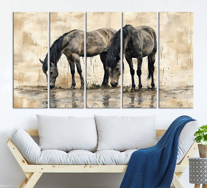 Chines Ink Style Black Horses Wall Art Canvas Print