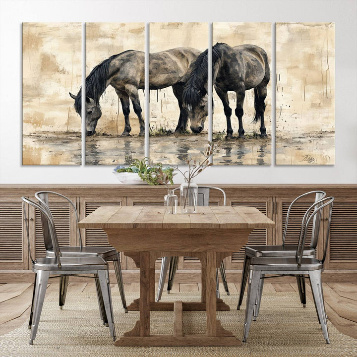 Chines Ink Style Black Horses Wall Art Canvas Print