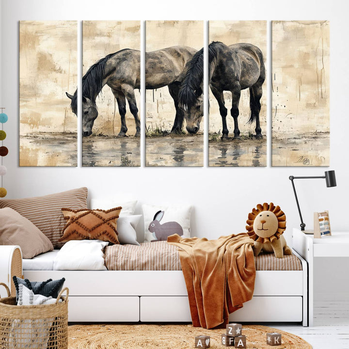 Chines Ink Style Black Horses Wall Art Canvas Print