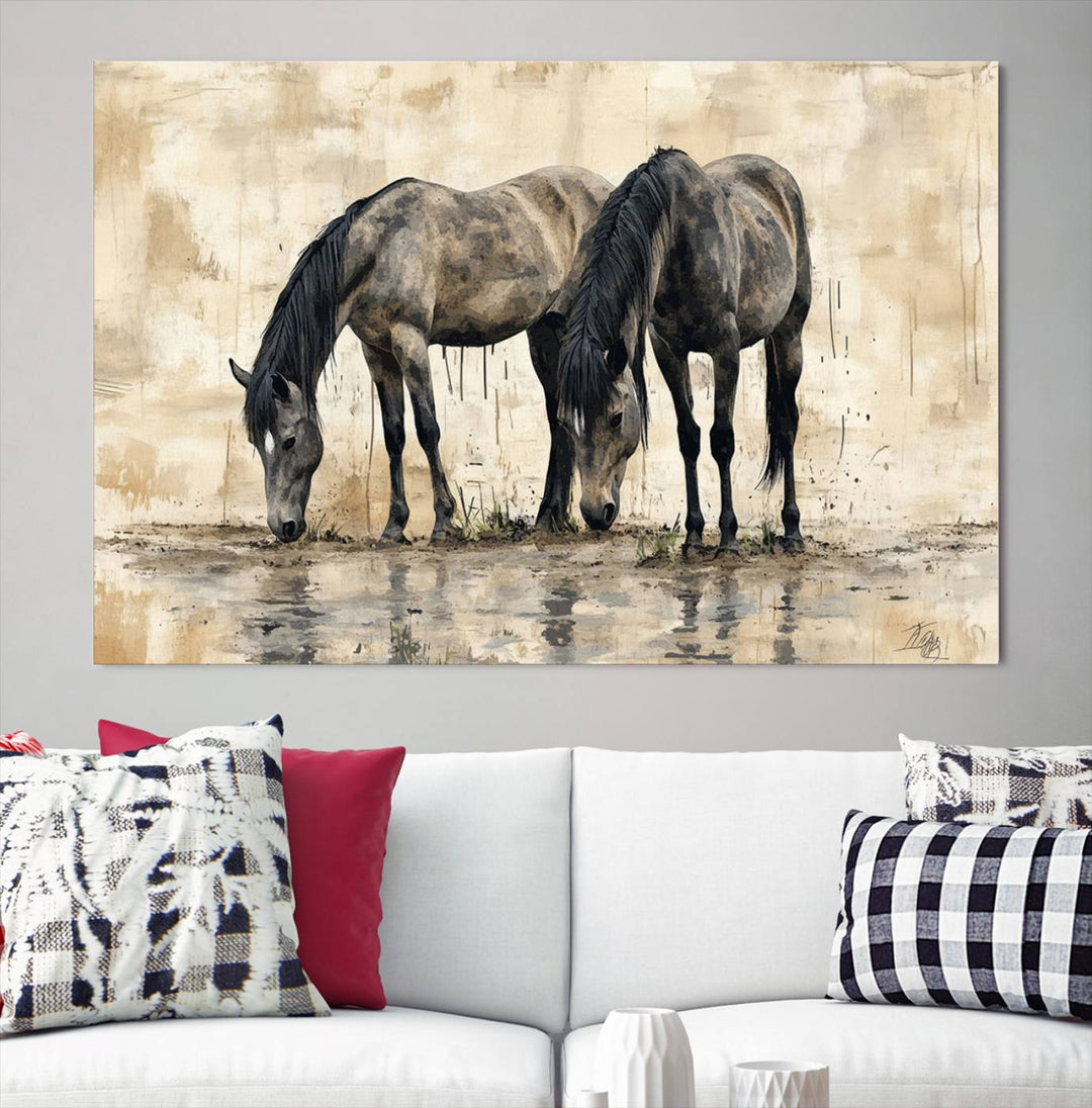 Chines Ink Style Black Horses Wall Art Canvas Print