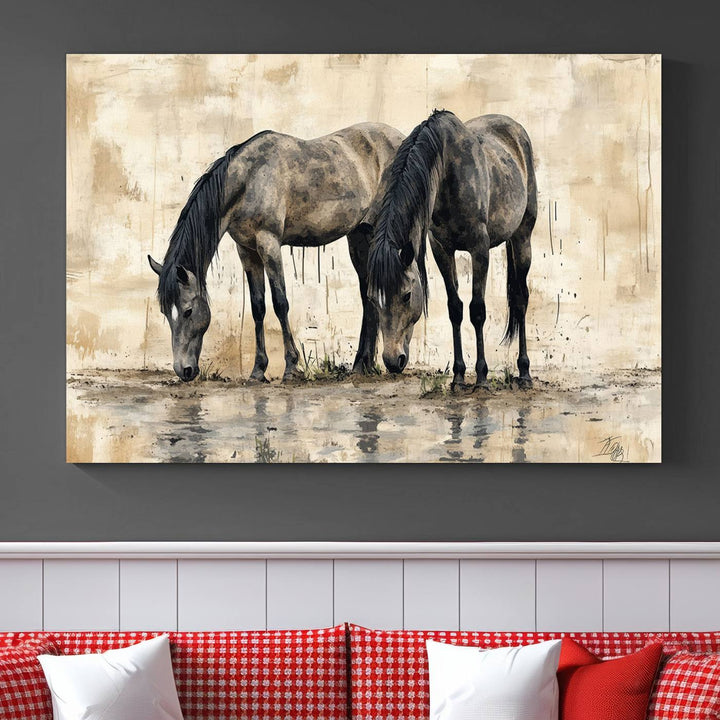 Chines Ink Style Black Horses Wall Art Canvas Print