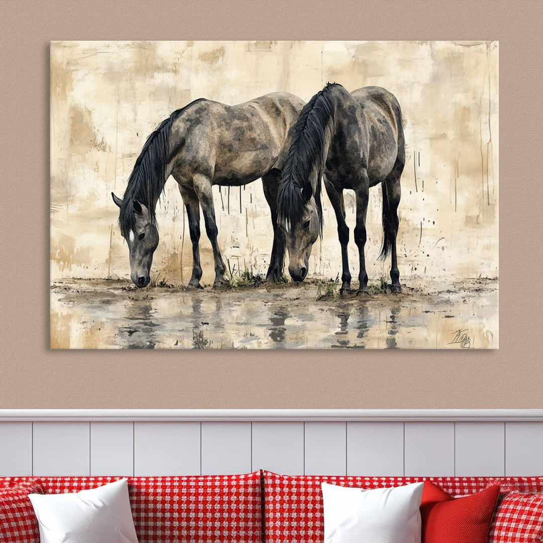 Chines Ink Style Black Horses Wall Art Canvas Print