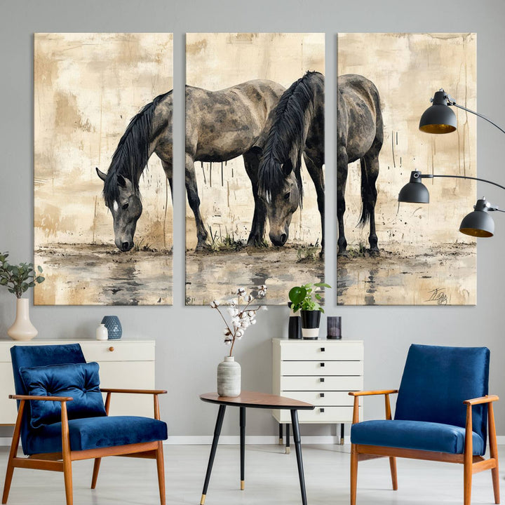 Chines Ink Style Black Horses Wall Art Canvas Print