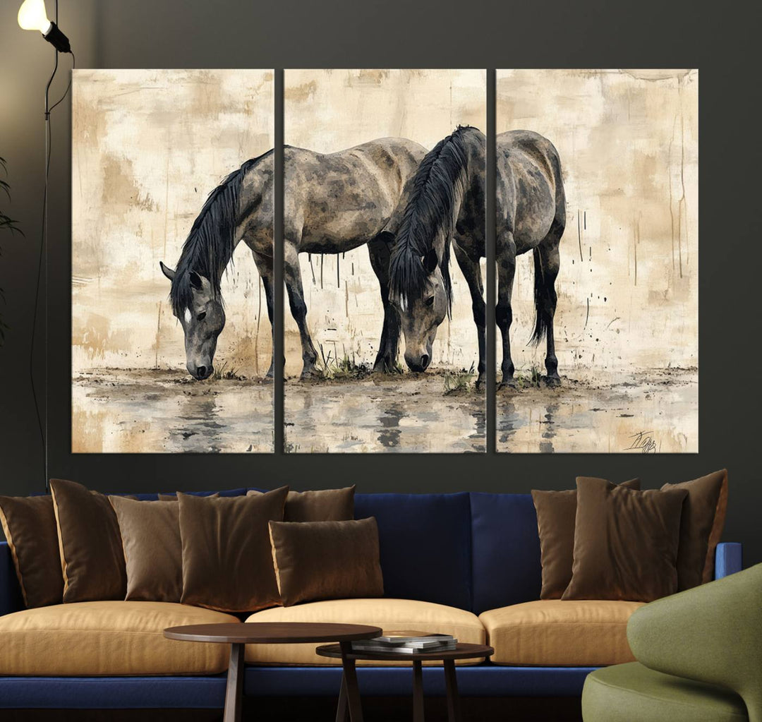 Chines Ink Style Black Horses Wall Art Canvas Print