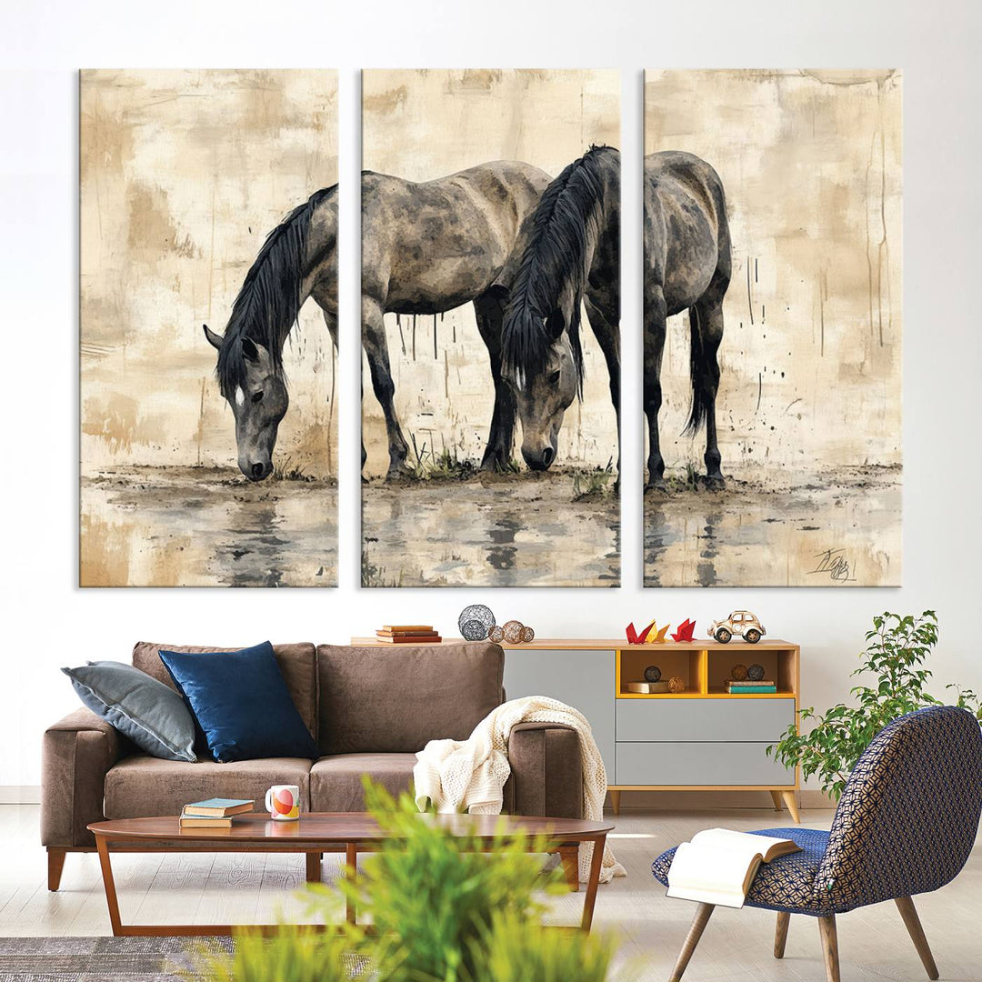 Chines Ink Style Black Horses Wall Art Canvas Print