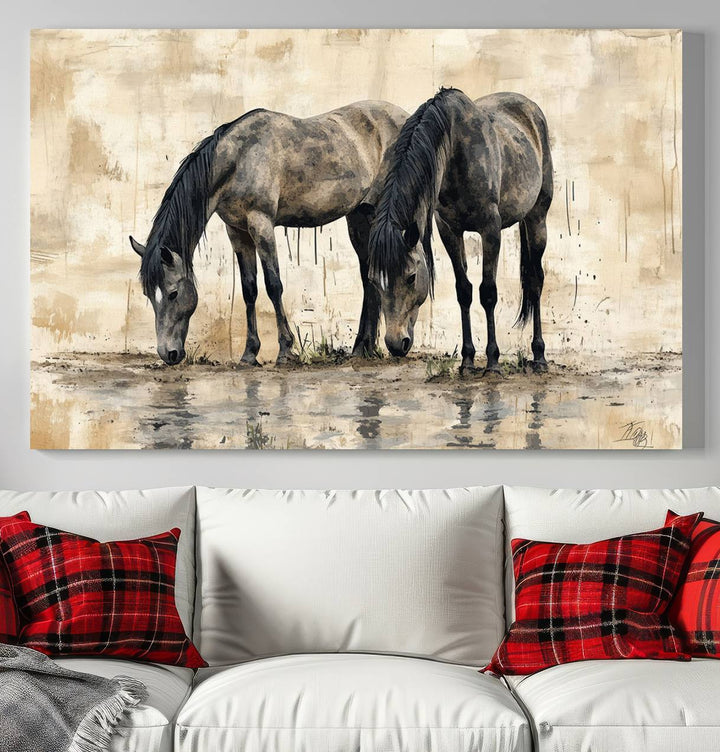 Chines Ink Style Black Horses Wall Art Canvas Print