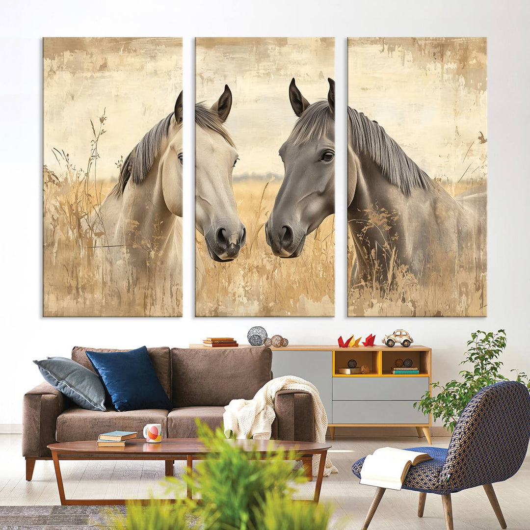 Chines Ink Style Grunge Horses Wall Art Canvas Print