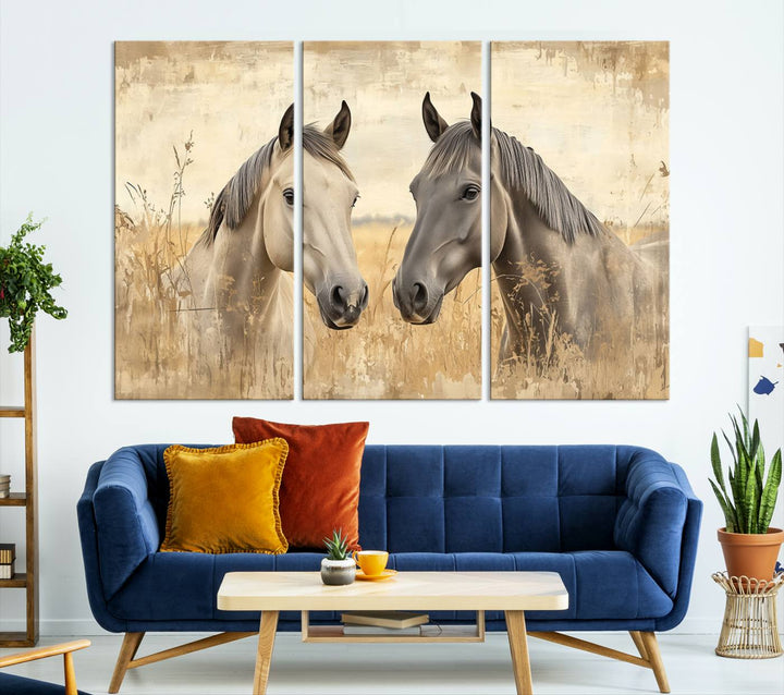 Chines Ink Style Grunge Horses Wall Art Canvas Print