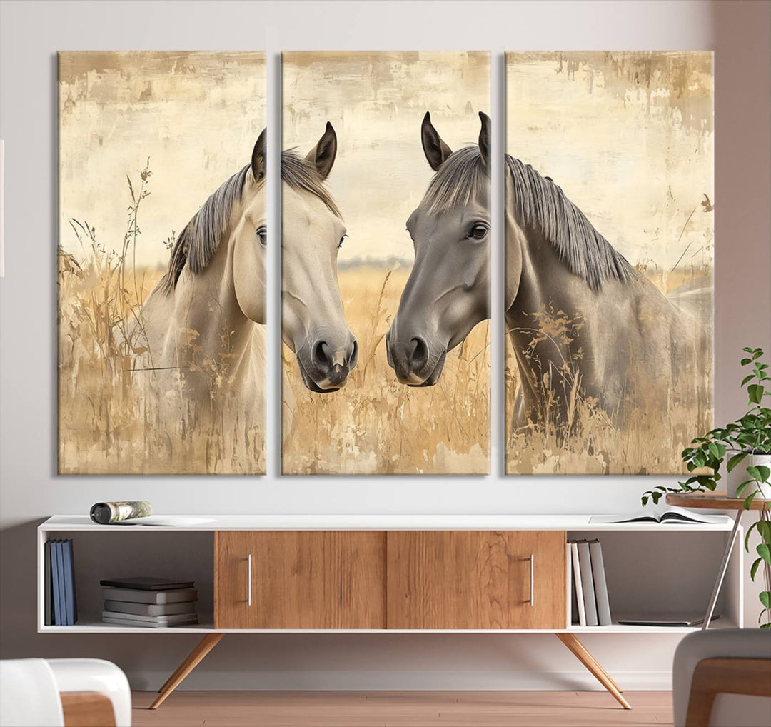 Chines Ink Style Grunge Horses Wall Art Canvas Print