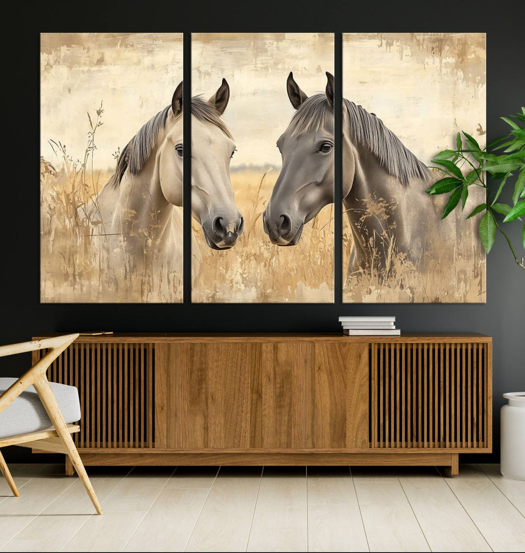 Chines Ink Style Grunge Horses Wall Art Canvas Print