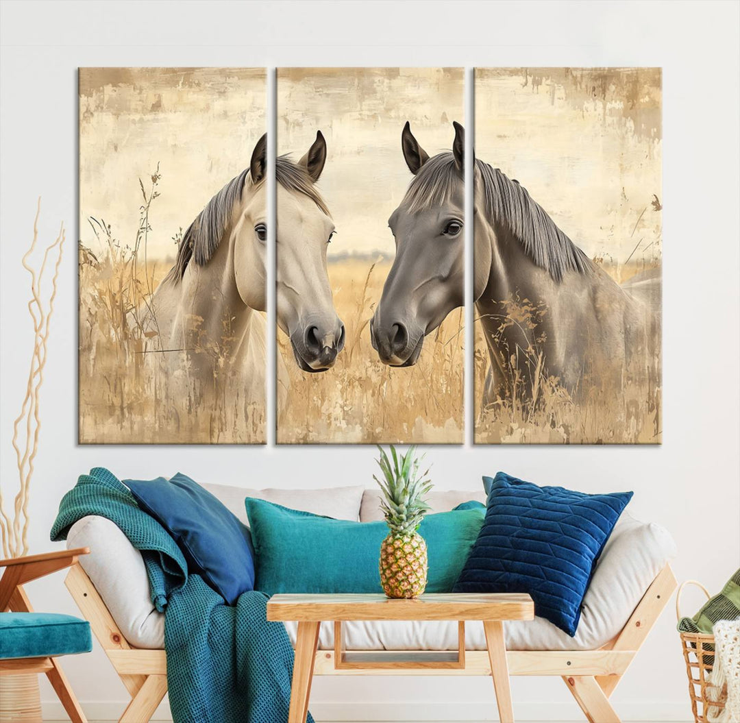 Chines Ink Style Grunge Horses Wall Art Canvas Print