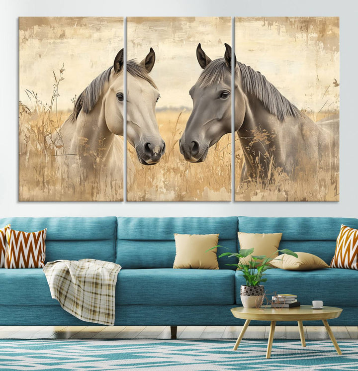 Chines Ink Style Grunge Horses Wall Art Canvas Print