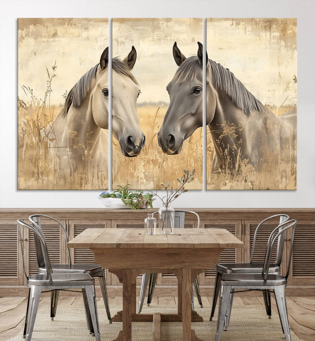 Chines Ink Style Grunge Horses Wall Art Canvas Print