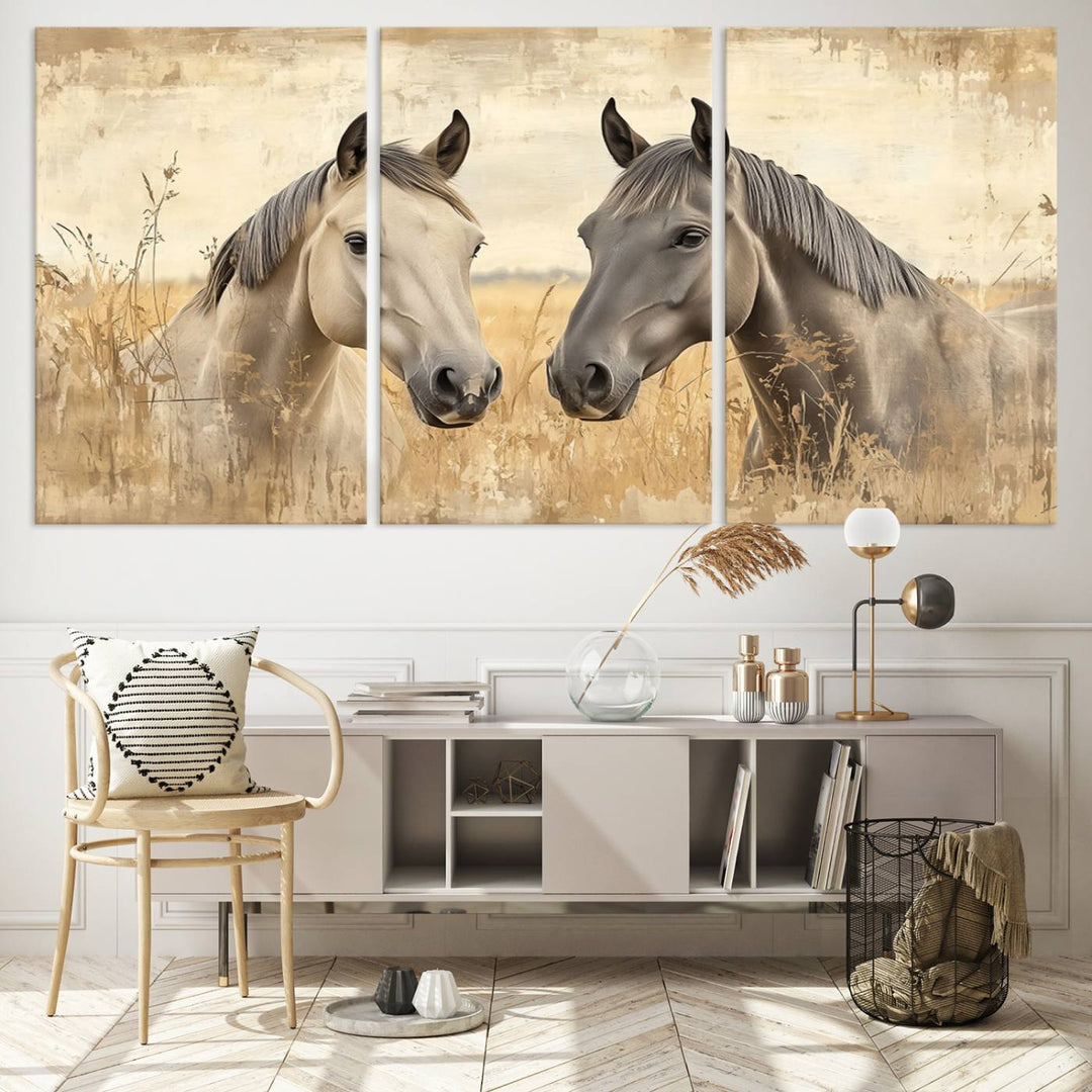 Chines Ink Style Grunge Horses Wall Art Canvas Print