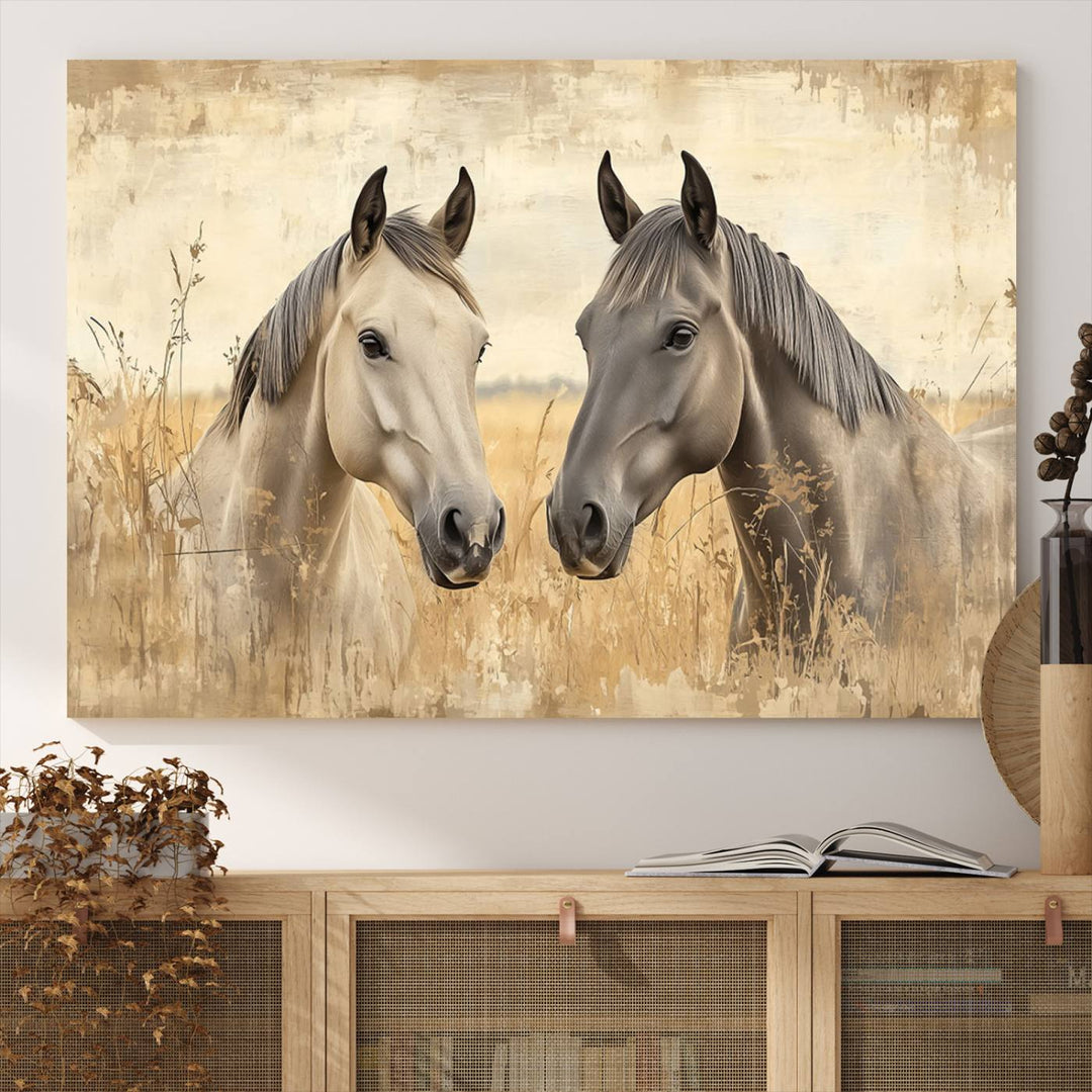 Chines Ink Style Grunge Horses Wall Art Canvas Print