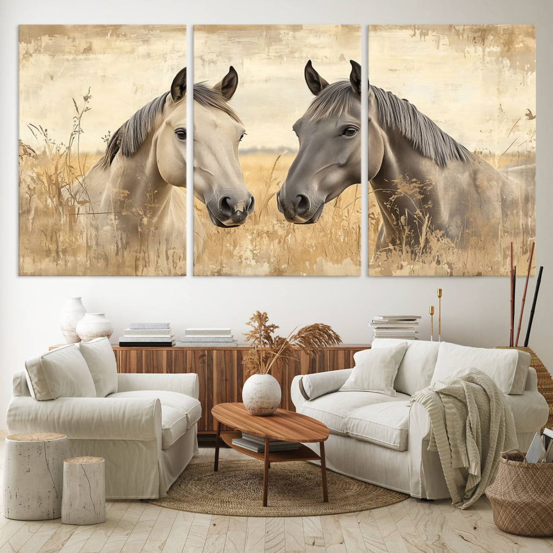 Chines Ink Style Grunge Horses Wall Art Canvas Print