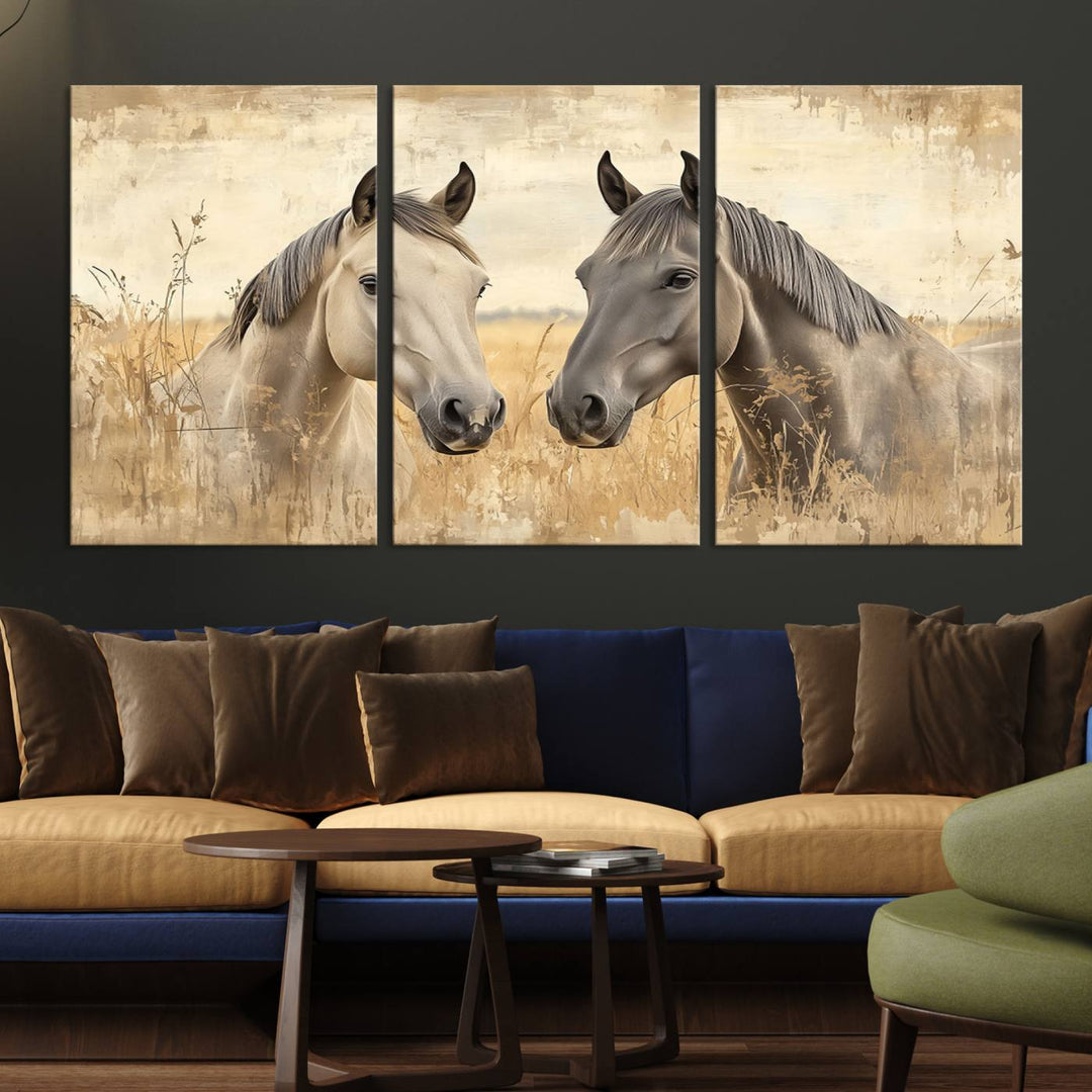 Chines Ink Style Grunge Horses Wall Art Canvas Print