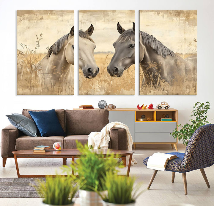 Chines Ink Style Grunge Horses Wall Art Canvas Print