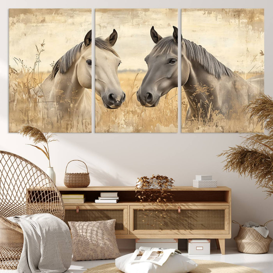 Chines Ink Style Grunge Horses Wall Art Canvas Print