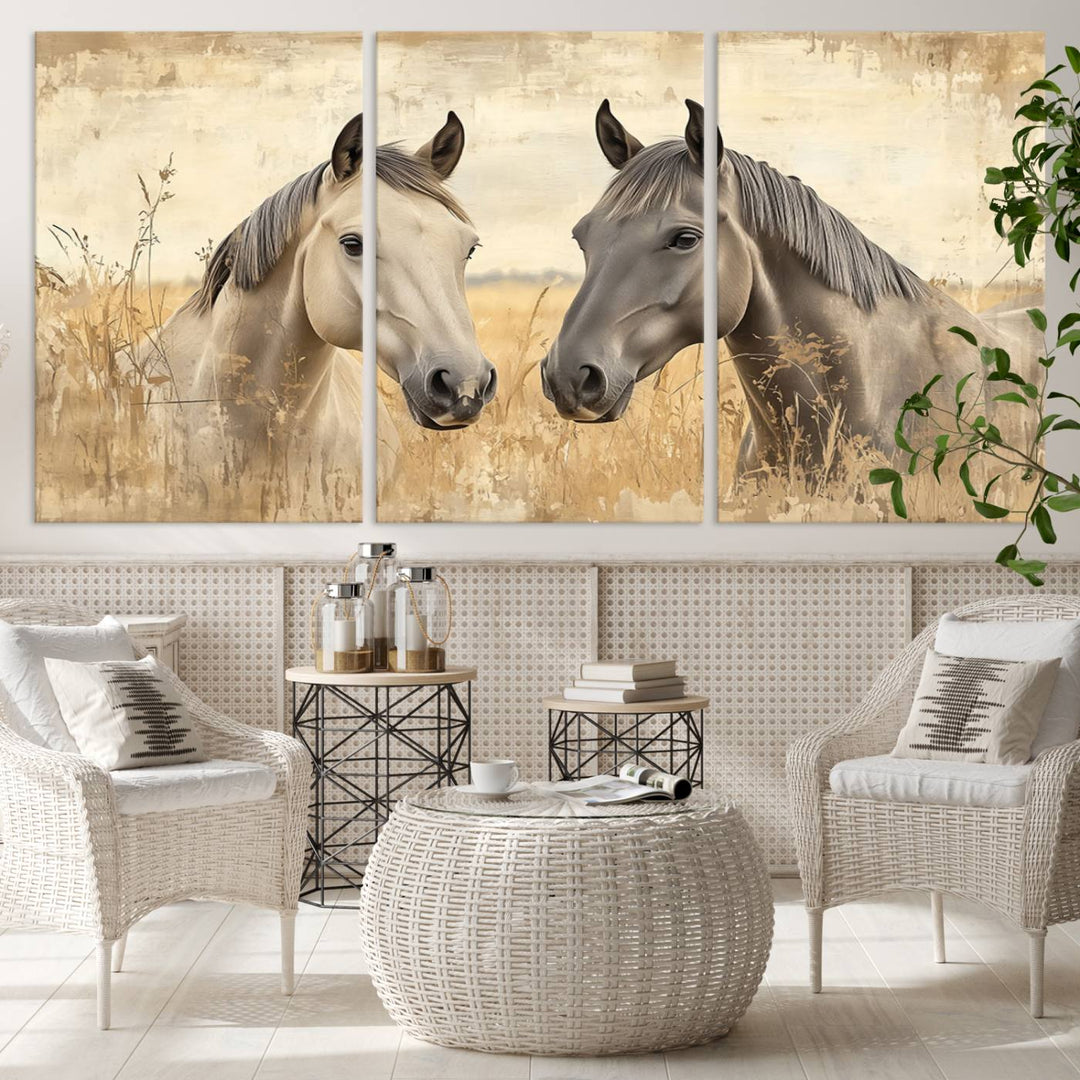 Chines Ink Style Grunge Horses Wall Art Canvas Print