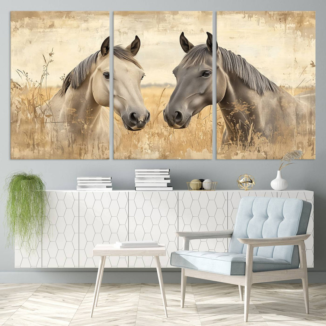 Chines Ink Style Grunge Horses Wall Art Canvas Print