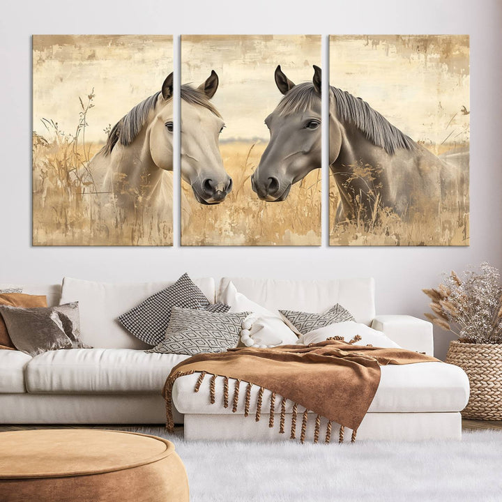 Chines Ink Style Grunge Horses Wall Art Canvas Print