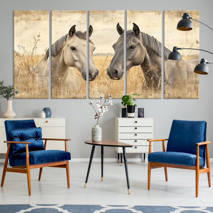 Chines Ink Style Grunge Horses Wall Art Canvas Print