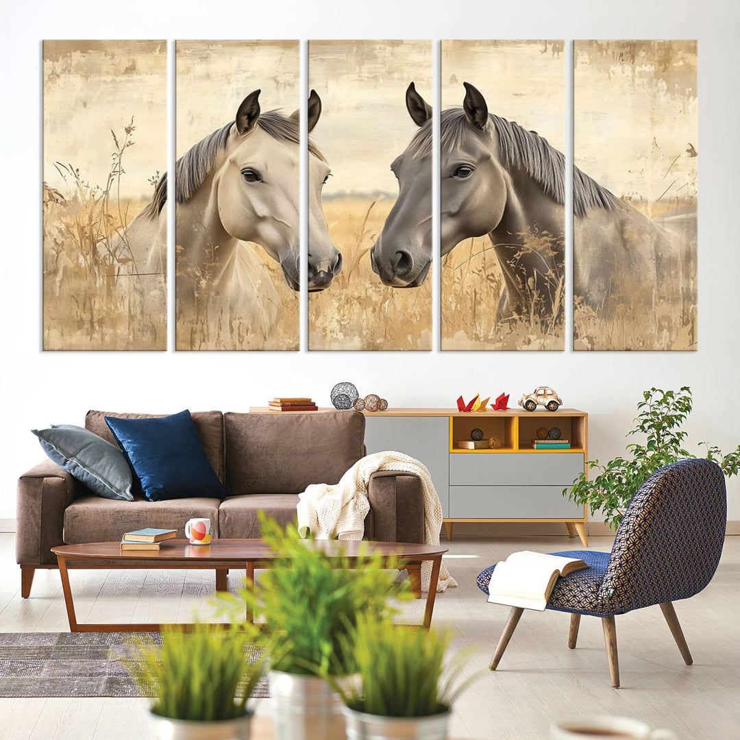 Chines Ink Style Grunge Horses Wall Art Canvas Print