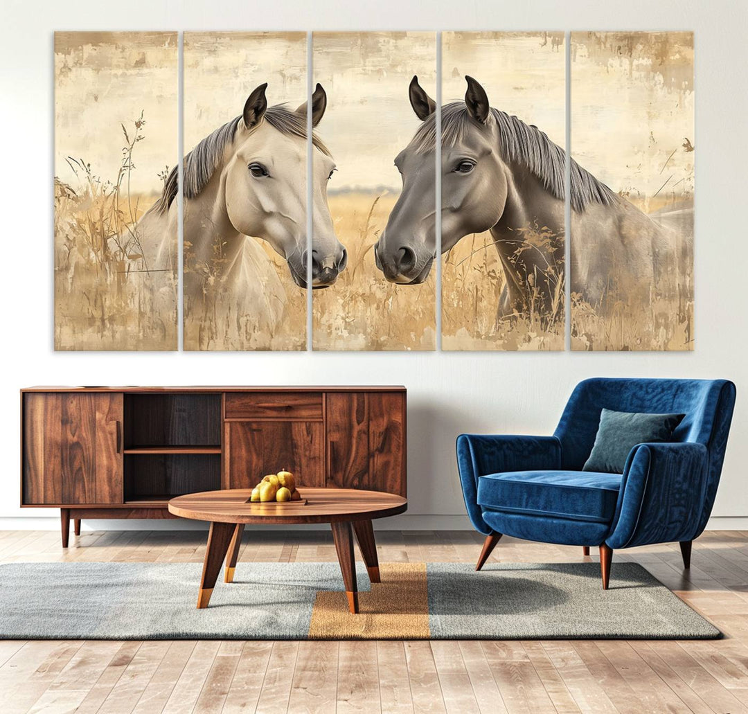 Chines Ink Style Grunge Horses Wall Art Canvas Print