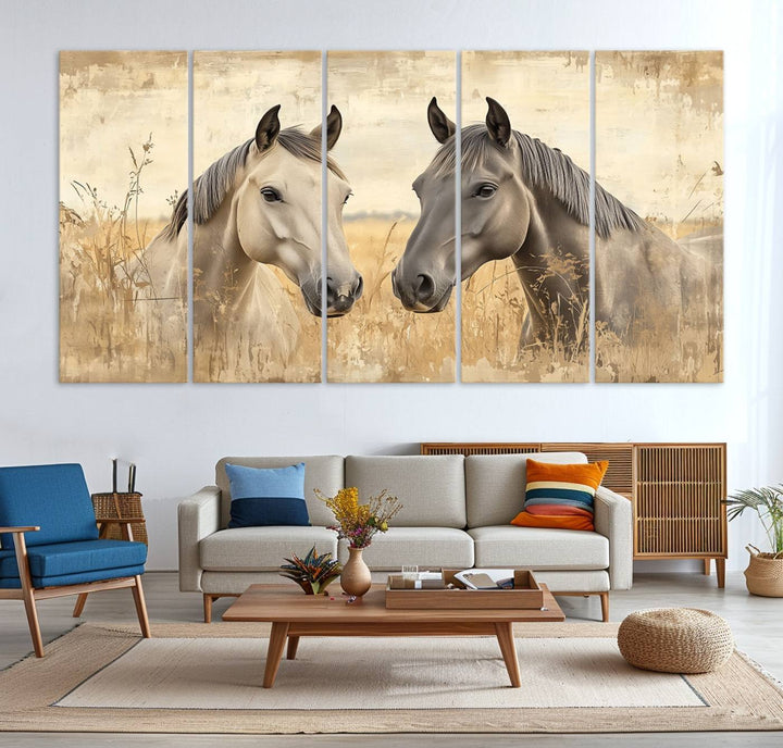 Chines Ink Style Grunge Horses Wall Art Canvas Print