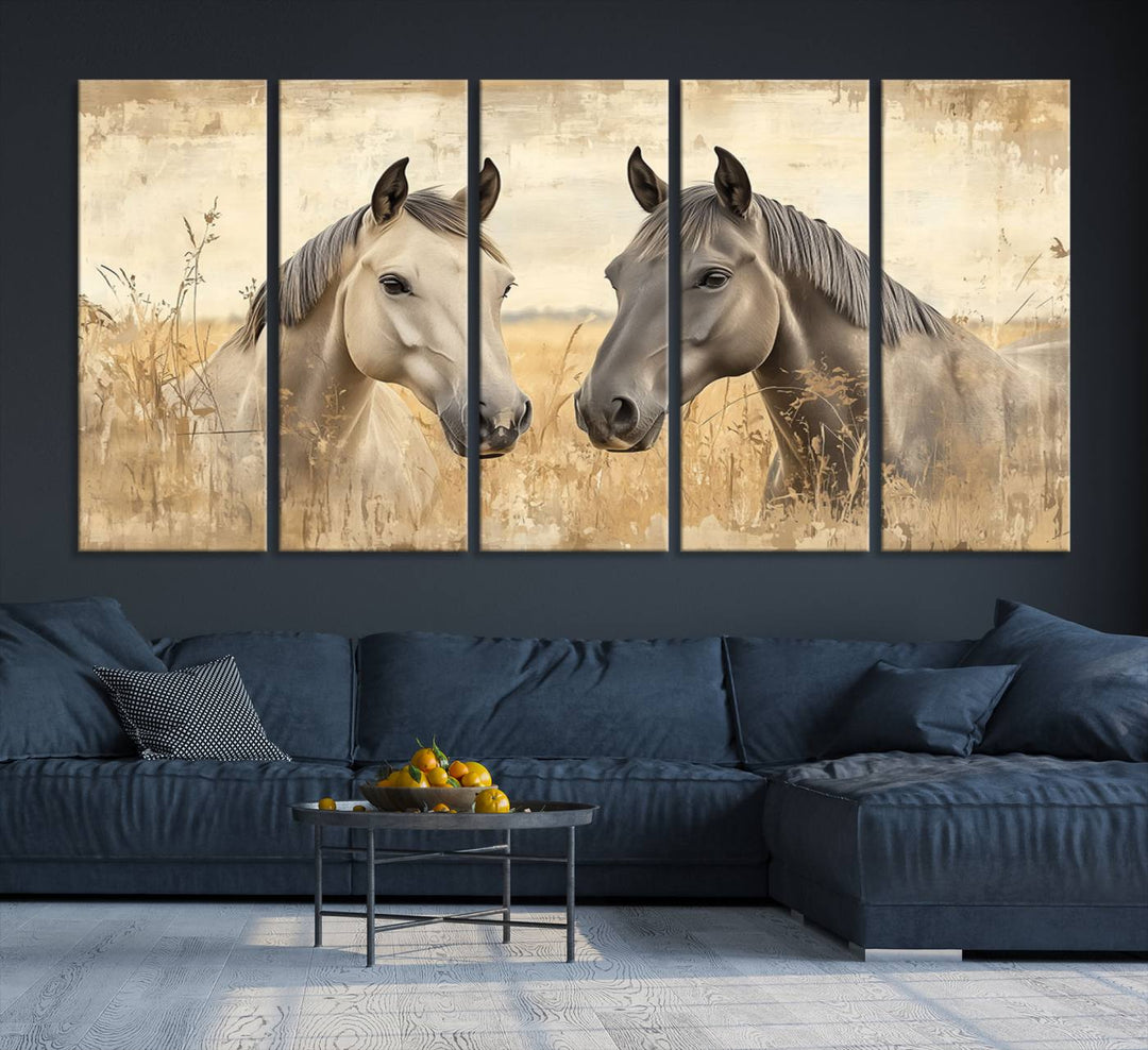 Chines Ink Style Grunge Horses Wall Art Canvas Print