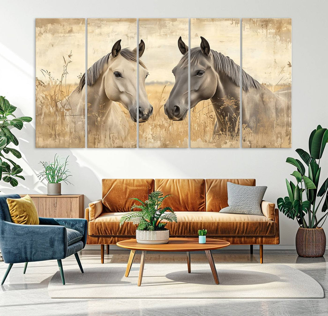 Chines Ink Style Grunge Horses Wall Art Canvas Print