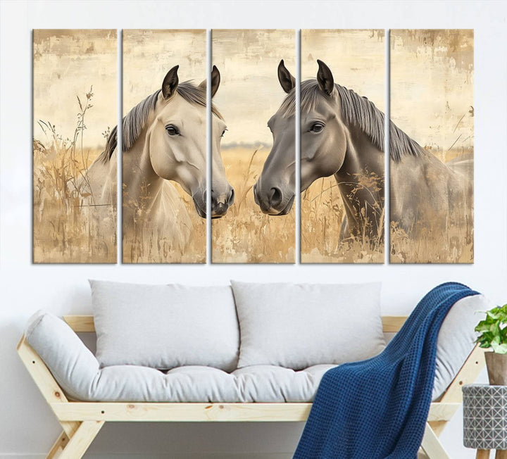 Chines Ink Style Grunge Horses Wall Art Canvas Print