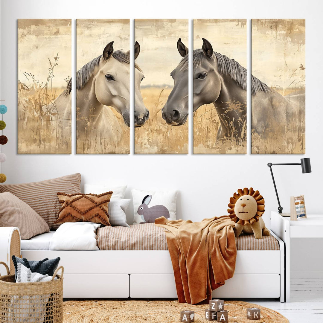 Chines Ink Style Grunge Horses Wall Art Canvas Print