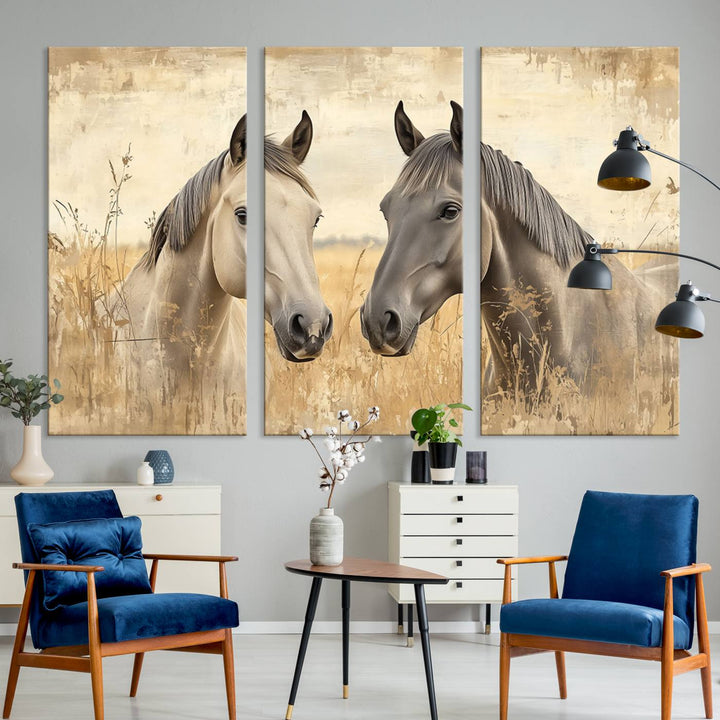 Chines Ink Style Grunge Horses Wall Art Canvas Print