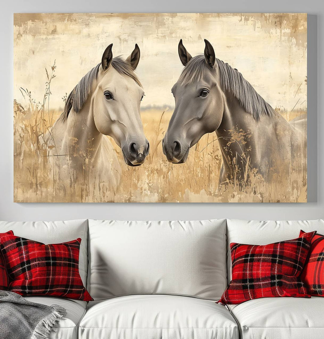 Chines Ink Style Grunge Horses Wall Art Canvas Print