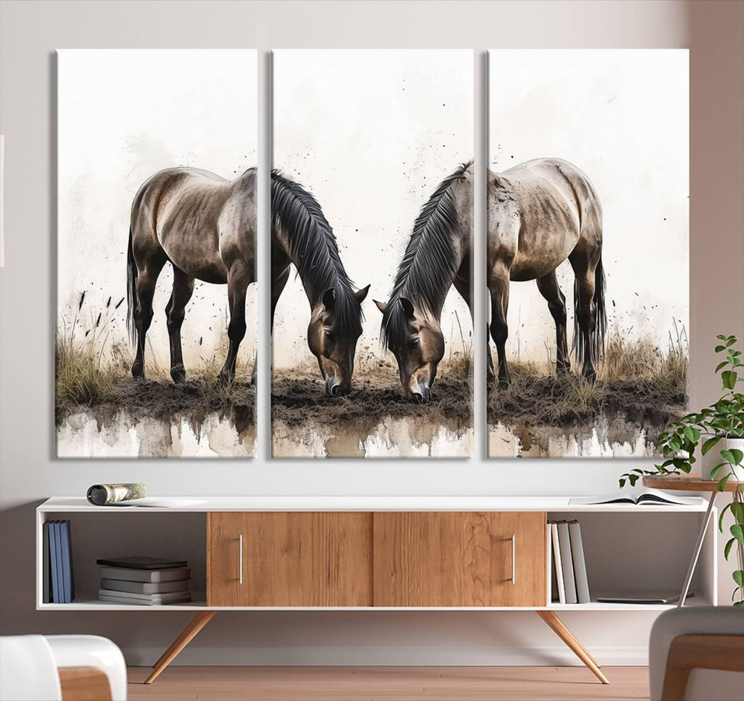 Chines Ink Style Horses Wall Art Canvas Print