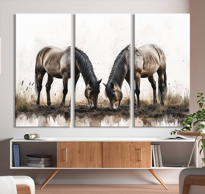 Chines Ink Style Horses Wall Art Canvas Print