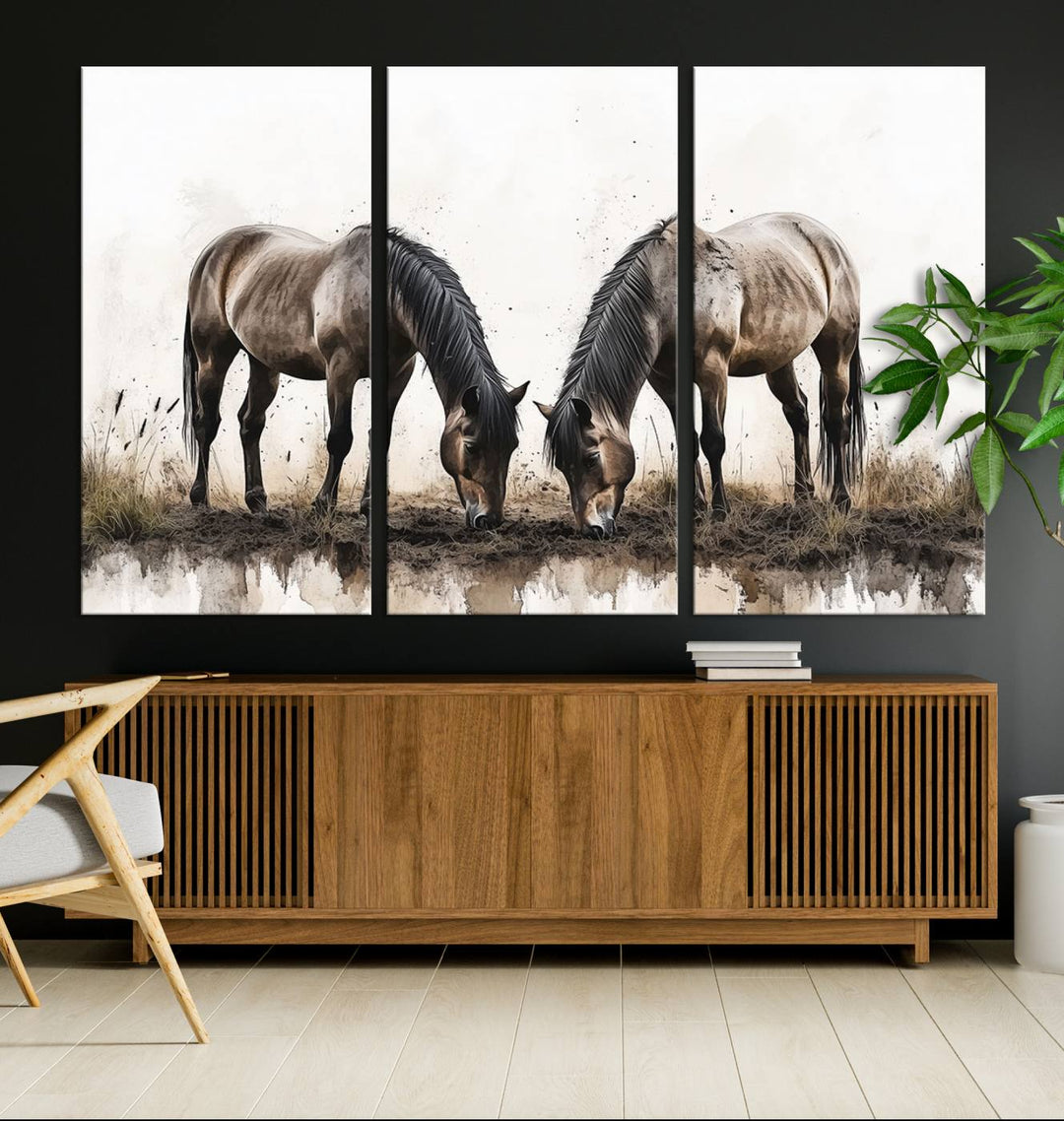 Chines Ink Style Horses Wall Art Canvas Print